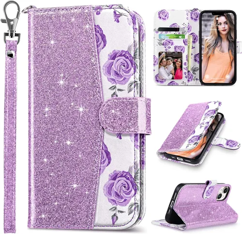 ULAK Funda compatible con iPhone 13 tipo cartera para mujeres, cubierta plegable de cuero PU premium con portador de tarjetas, función de soporte,