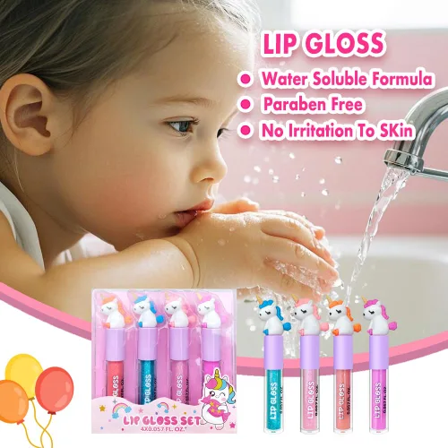 Miniatura 3 de M&U MAKE YOU UP 4 unidades de brillo de labios de unicornio para niñas, juego de labios brillantes para recuerdos de fiesta con decoración mágica