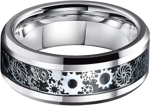 Miniatura 2 de Wow Jewelers - Anillo de tungsteno de 6 mm y 8 mm color negro, plateado, rojo y azul para hombres y mujeres, anillos de matrimonio estilo Steampunk