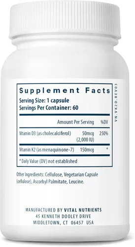 Miniatura 3 de Vital Nutrients Vitamina D3 + K2 2000 UI Suplemento de vitamina D3 K2 Complejo de vitamina D para niveles saludables de calcio, salud muscular