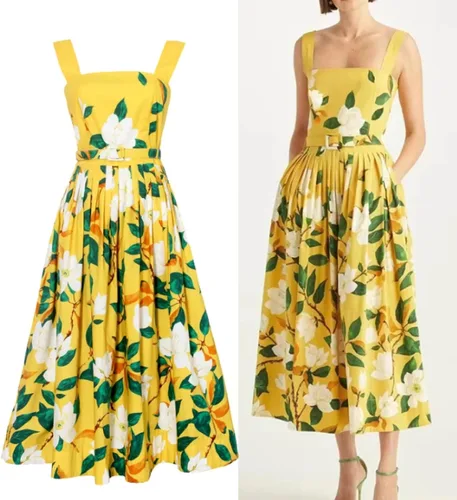 Miniatura 2 de Elegamt - Vestido largo con estampado floral y flores amarillas, vestido largo midi con cinturón