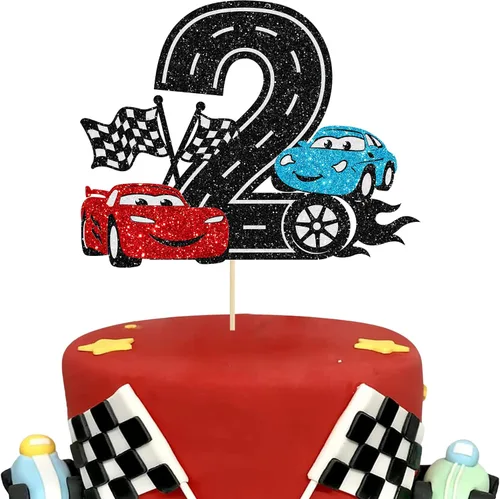 Miniatura 15 de Ephlyn 1 pieza de decoración para tarta de primer cumpleaños de coche de carreras con purpurina, decoración de tarta 1er cumpleaños para bandera a