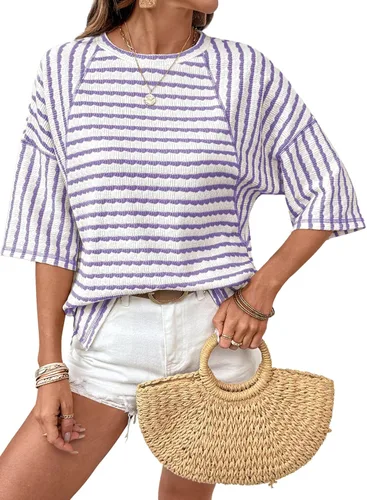 Miniatura 19 de Dokotoo Camisetas de verano para mujer, camisetas de gran tamaño para mujer, a rayas, bloques de color, manga corta, cuello redondo, blusas casuales