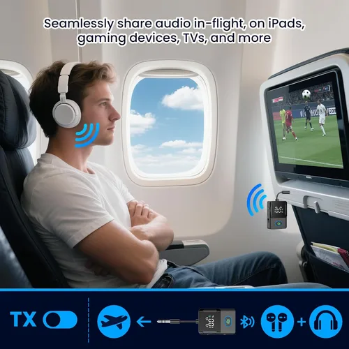 Miniatura 2 de Receptor transmisor Bluetooth para avión, televisores, 2 en 1, adaptador inalámbrico Bluetooth 5.3 compatible con 2 auriculares, teléfonos