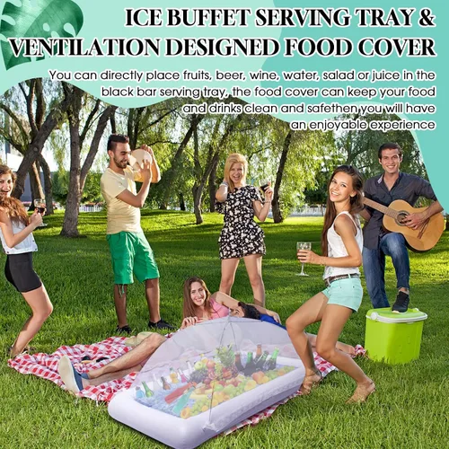 Miniatura 6 de Leitee Kit de barra inflable de 5 piezas, incluye bandeja de buffet de ensalada con tapón de drenaje, cubierta de malla, recipientes de bebidas