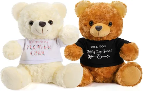 Miniatura 8 de Jexine 2 piezas de peluche de oso de boda de 10 pulgadas con texto en inglés "Will You Be My Flower Gril Bear Bearer", anillo de propuesta de regalo