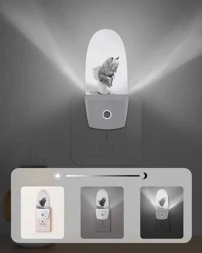 Miniatura 6 de Luz nocturna de rinoceronte para inodoro, luz nocturna LED enchufable, divertidos animales de granja, luces nocturnas negras y grises con sensor