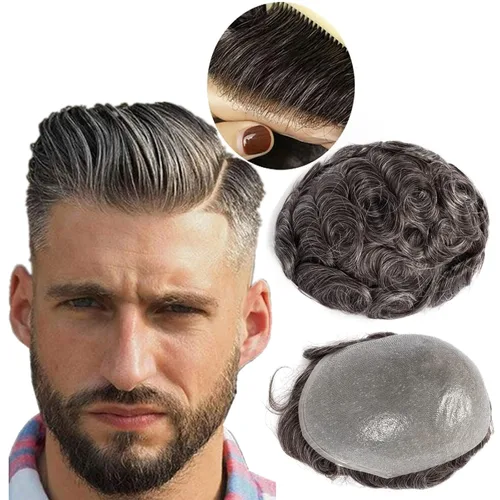 Miniatura 8 de Toupee para hombres, piel fina y suave, 100% cabello humano real europeo, piezas de cabello para hombre, 8x10 pulgadas, sistema de reemplazo de #1