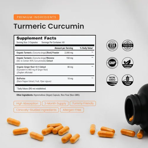 Miniatura 5 de Curcumina de cúrcuma con extracto de pimienta negra de 1500 mg 95% curcuminoides suplemento de cúrcuma extra fuerte para la salud