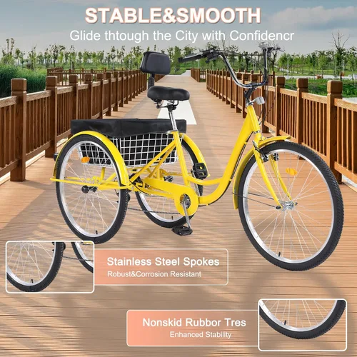 Miniatura 5 de Triciclo para adultos de 26 pulgadas, bicicletas de 7 velocidades y 3 ruedas, asiento grande con respaldo, triciclo para adultos con cestas