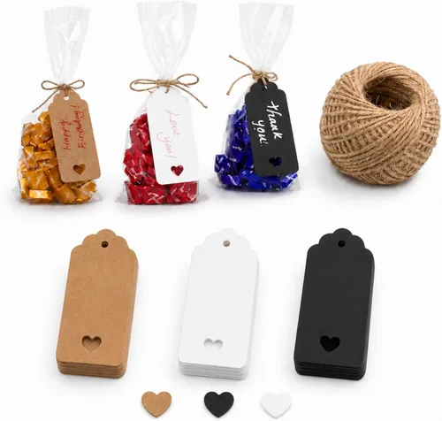 Miniatura 8 de Etiquetas de regalo de papel kraft de 150 quilates con StringTwine negro, blanco, marrón, juego a granel (festoneadas)