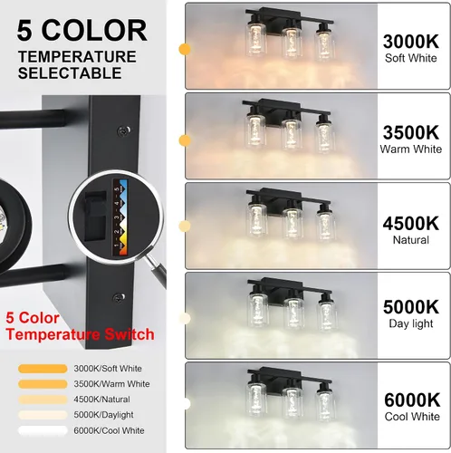 Miniatura 4 de MELUCEE Lámparas de tocador de baño, 3 luces LED sobre espejo, 3000 K-6000 K, moderna luz negra para baño con pantalla de cristal de burbujas, chips