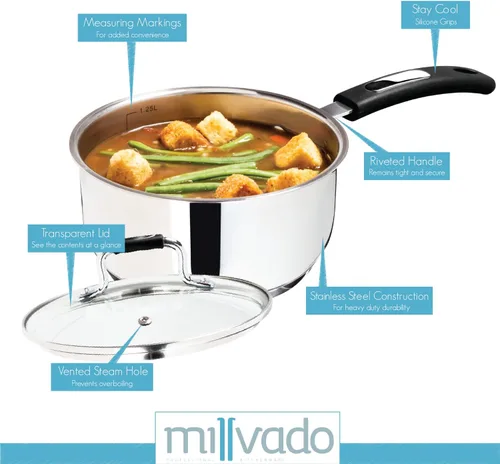 Miniatura 2 de Millvado Olla grande de acero inoxidable de 11 cuartos de galón, olla de cocción grande, tapa de vidrio transparente y marcas de medición, orificio