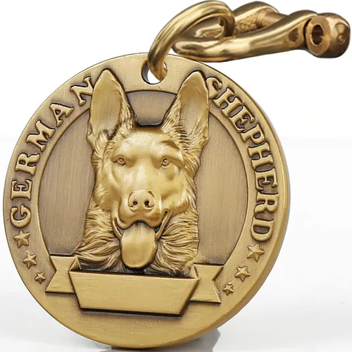 Etiqueta para perro retro de cobre puro tridimensional con estampado de mascotas en relieve, etiquetas de identificación con nombre grabado (pastor