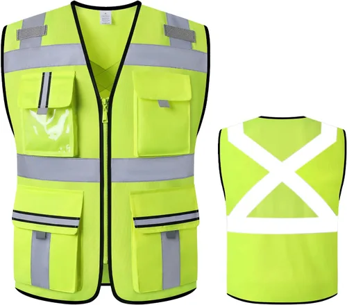 Chaleco de seguridad clase 2 con cremallera frontal y múltiples bolsillos, chaleco de alta visibilidad, cumple con las normas ANSI/ISEA Amarillo