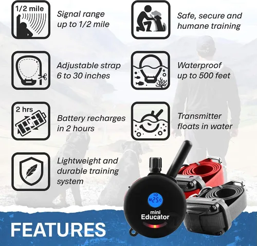 Miniatura 3 de Educator ET-302 Collar Mini Negro E para Adiestramiento de Perros con Control Remoto - Alcance de 1/2 Milla, Resistente al Agua, 100 Niveles