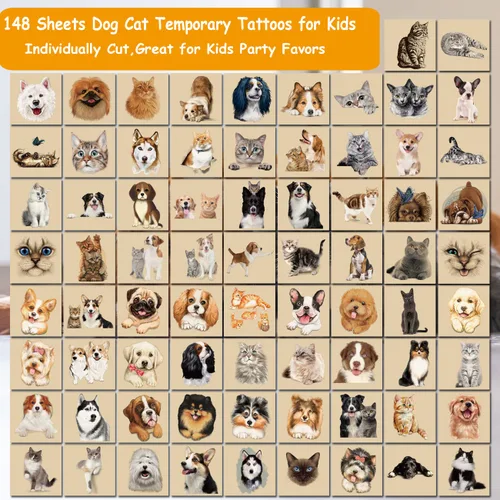 Miniatura 3 de CHARLENT 148 tatuajes temporales para niños – Tatuajes individuales 3D para cachorros y gatitos para niños y niñas, animales, regalos de fiesta