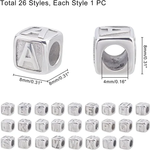 Miniatura 4 de UNICRAFTALE 26 cuentas de cubo de 0.315 pulgadas con cuentas espaciadoras de letras A-Z de acero inoxidable, cuentas europeas de 0.157 in