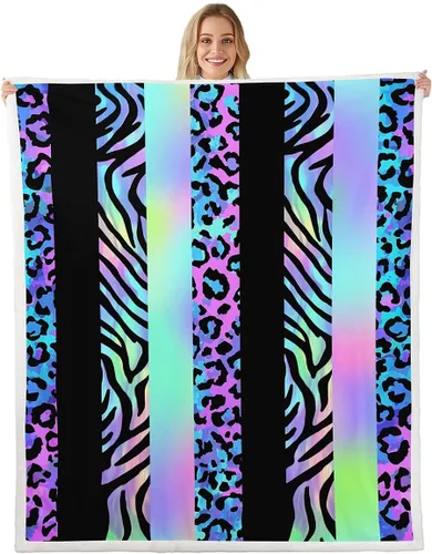 Miniatura 16 de Homewish Abstract Leopard Kids Throw Blanket,Cheetah Skin Wild Animals Bed Blanket for Girls Boys Women,Geometric Stripes Fashion Fleece