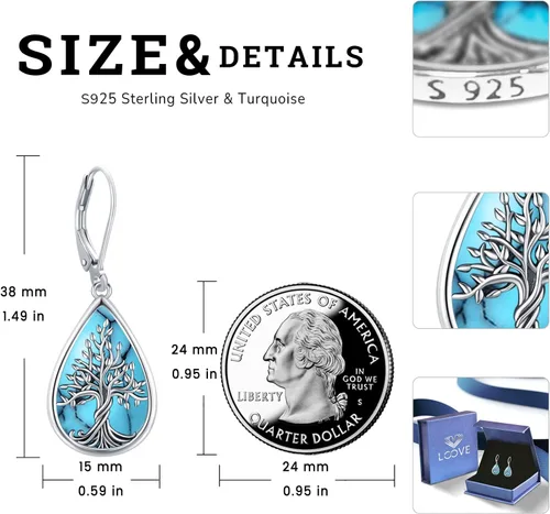 Miniatura 134 de Aretes colgantes de plata de ley con diseño de árbol de la vida, flor, abeja, animales, gato, colibrí, piedra lunar, turquesa, aretes con cierre