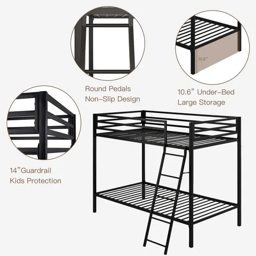 Miniatura 5 de ikalido Cama Litera de Metal Tipo Loft Tamaño Twin sobre Twin con Barandilla de Seguridad y Escalera, No Necesita Somier, Muebles de Dormitorio que