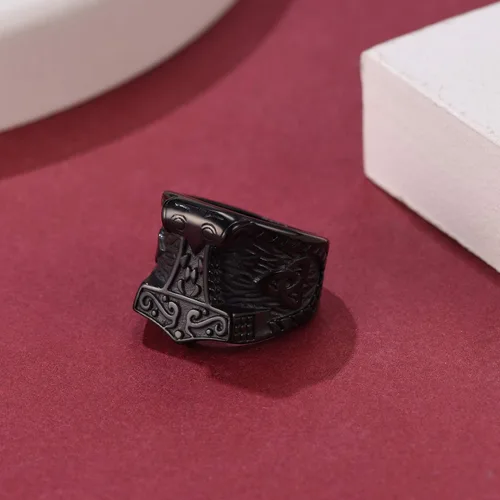 Miniatura 8 de FaithHeart Norse Viking Jewelry - Anillo de acero inoxidable de guerrero para hombre con diseño vikingo de cabeza de lobomartillo de Thor