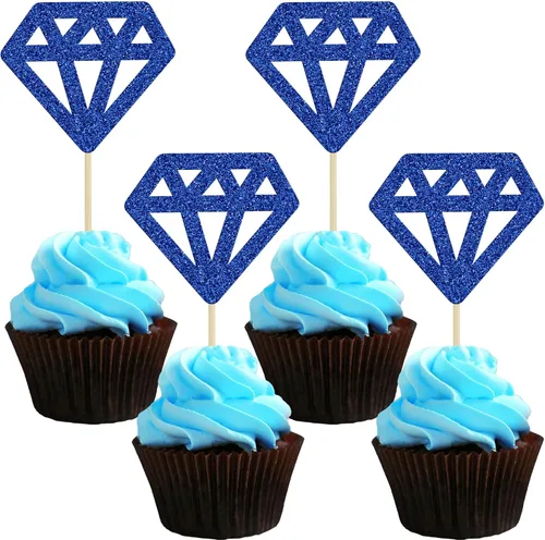 24 piezas de anillos de diamantes para cupcakes con purpurina azul profundo, anillos de boda, para boda, compromiso, aniversario, fiesta de San