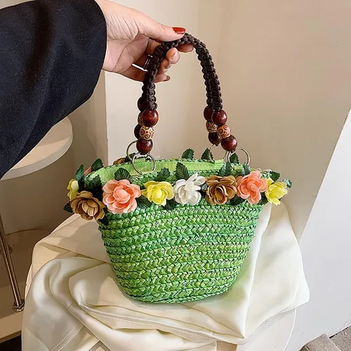 Miniatura 7 de Helenbra Bolso de mano de paja de flores para mujer, bolso de hombro con asa trenzada retro de verano, bolso de hombro bohemio para playa y viaje