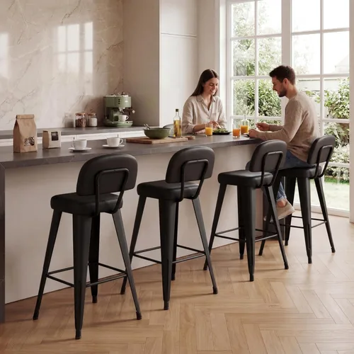 Miniatura 3 de Yongchuang Taburetes de bar de 24 pulgadas con respaldo, juego de 2 taburetes modernos de piel sintética, taburetes tapizados de metal para isla