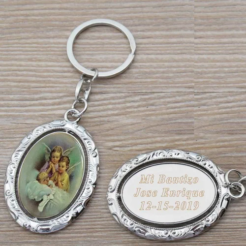 Llavero de bautismo giratorio personalizado (12 piezas) – Llavero de metal grabado de ángel de la guarda para bautizo/bautizo, regalo personalizado