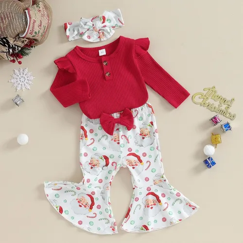 Miniatura 2 de Kuriozud Conjunto de mameluco con volantes para bebé recién nacida, con volantes, lindo conjunto de pantalones acampanados con diadema