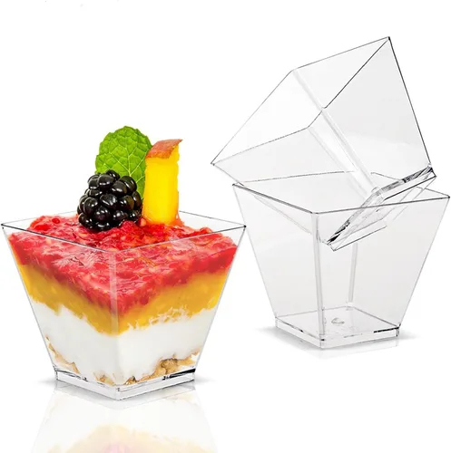 Miniatura 2 de Tosnail Paquete de 100 vasos de postre de plástico transparente de 2 onzas con 100 cucharas de postre, tazas cuadradas de aperitivo de parfait