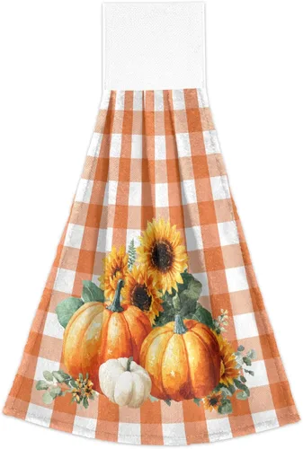 Miniatura 2 de Boccsty Toallas de Cocina Colgantes de Calabaza Otoñal 2 Piezas Cosecha Girasol Naranja Cuadros Buffalo Paños de Cocina con Lazo Toallas de Mano