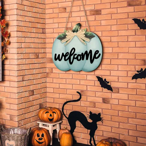 Miniatura 5 de Jetec Letrero de bienvenida de calabaza de otoño, colgante de puerta de Acción de Gracias, decoración de calabaza de madera, letrero colgante