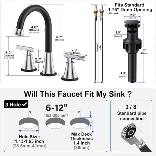 Miniatura 5 de Grifos de baño para lavabo de 3 agujeros, Hurran grifo negro y cromado para lavabo de baño con desagüe emergente y líneas de suministro, grifo