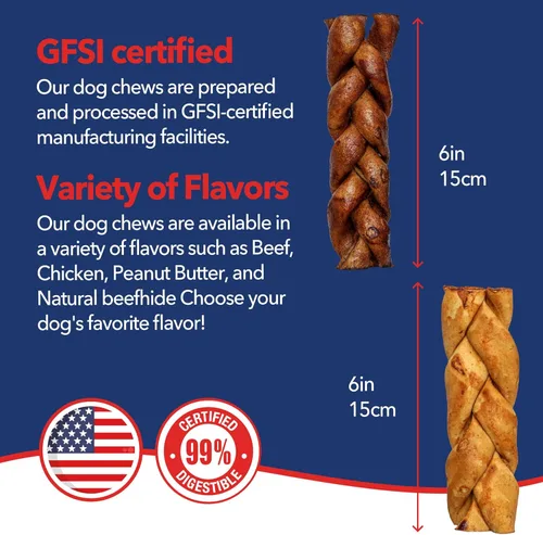 Miniatura 4 de Pet Factory Palitos masticables 100% hechos en Estados Unidos, huesos trenzados de cuero crudo para perro de 6 pulgadas con sabores de carne y pollo