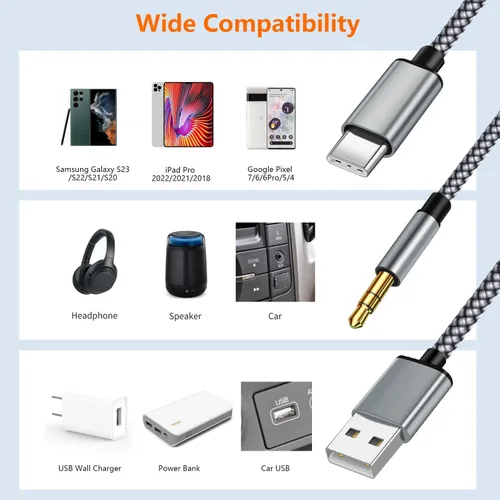 Miniatura 2 de Cable de audio auxiliar USB C a 0.138 in con carga, USB C 2 en 1 a 0.138 in, cable de audio para auriculares estéreo de automóvil con carga PD de 18