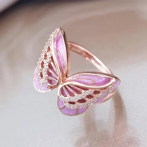 Miniatura 4 de Anillo de mariposa rosa con incrustaciones de circonita para mujer, anillo elegante de joyería vintage