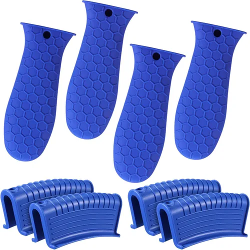 Patelai Juego de 8 soportes de silicona para ollas, funda de mango de hierro fundido, resistente al calor, agarradera, antideslizante, reutilizable,