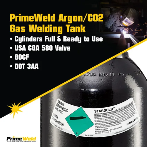 Miniatura 2 de PrimeWeld Botella de 75% argón 25% CO2 80CF DOT 3AA Válvula CGA 580 de EE. UU. La mejor mezcla de gas para soldadura MIG Cilindros completos