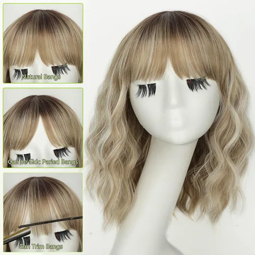 Miniatura 3 de AISI HAIR Peluca rizada estilo Bob con flequillo, pelucas cortas onduladas suaves de color beige rubio ceniza para mujer, estilo Bob, pelucas