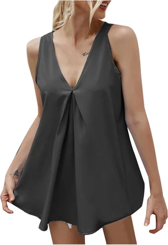 Corsé casual de color sólido para mujer sexy sin mangas con cuello en V con vuelo holgado acampanado de gasa manga larga color negro Negro L