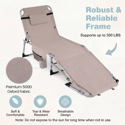 Miniatura 7 de Giantex Silla bronceadora, silla de playa de 330 libras con 5 posiciones ajustables, agujero para cara y brazo, correa para manos/hombros, almohada