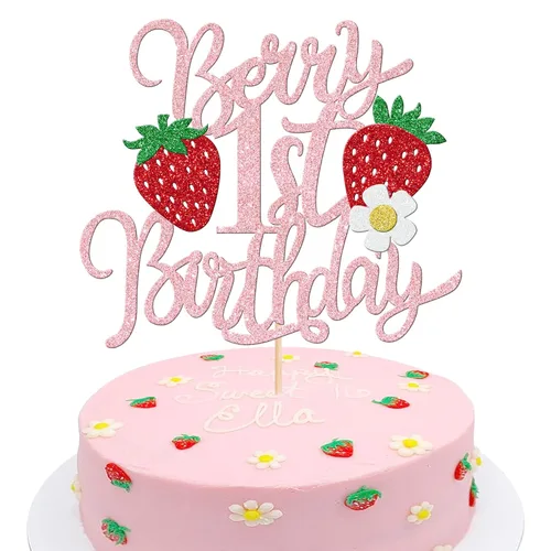 Miniatura 9 de 1 pieza de decoración para pastel de tercer cumpleaños con temática de fresa, flor brillante con temática de frutas dulces, decoración de pastel