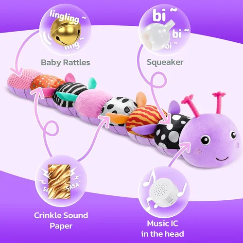 Miniatura 3 de HEMRLY Juguetes de regalo para bebés, juguete sensorial de 0 a 6 meses, peluche musical de oruga rellena con mordedor suave, sonajero para el tiempo