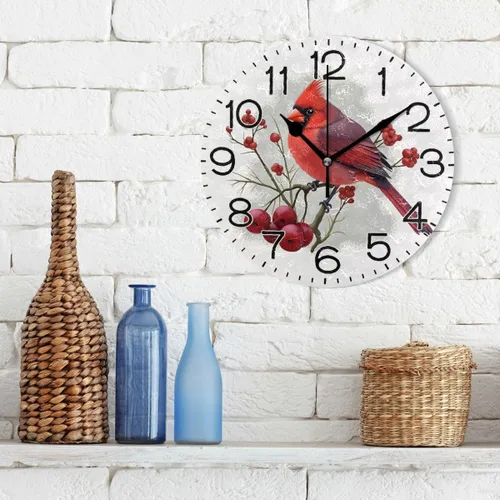 Miniatura 3 de ALAZA Reloj de pared cardenal de pájaro rojo de invierno, funciona con pilas, sin tictac, de cuarzo, analógico, rústico, rústico, reloj redondo