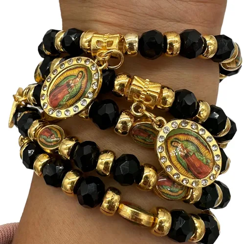 Miniatura 3 de RBN Pulsera de cuentas negras Virgen María con cuentas de protección de prosperidad buena suerte, pulsera de la Virgen María Color Negro Católica