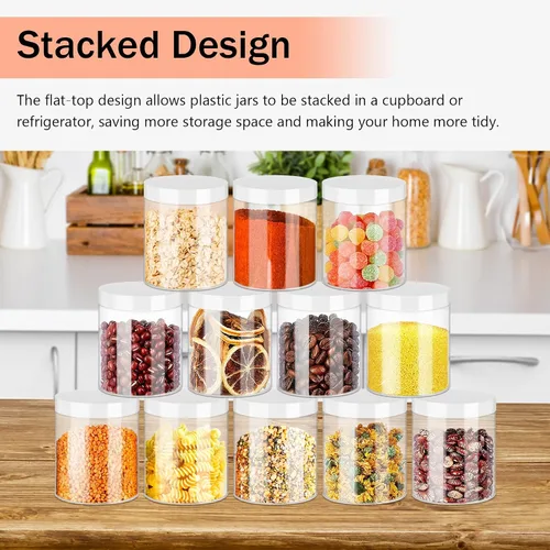 Miniatura 5 de SLifeJars Tarros de plástico transparente de 8 onzas, 24 frascos de comida redondos vacíos con tapas blancas, tarros de viaje de plástico
