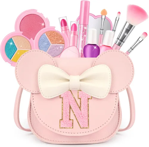 Miniatura 20 de Kit de maquillaje para niñas – Juego de maquillaje lavable real de 15 piezas – Cosmético no tóxico para niños pequeños con bolso de letras – Regalos