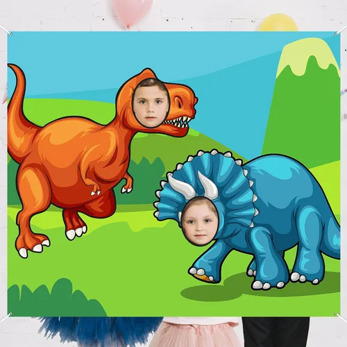 Miniatura 6 de Lindo cartel de caricatura de dinosaurio Triceratops telón de fondo de cara de T-Rex juego de fiesta de juego de selva temática de dinosaurios